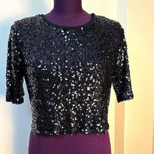 Material Girl Black Sequin Crop Blouse